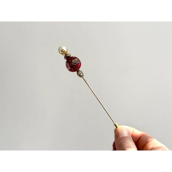Murano Italian Made Glass Beaded Faux Pearl Crown Vintage Square Long Stick Pin - Picture 6 of 7